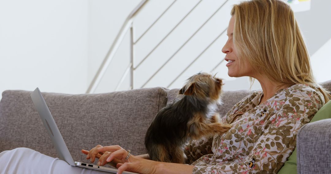 Woman Working on Laptop with Small Dog Sitting on Sofa - Free Images, Stock Photos and Pictures on Pikwizard.com