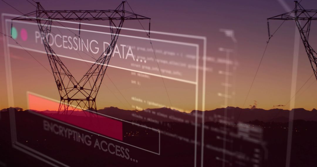 Dusk power grid processing data and encrypting access, futuristic energy network overlay