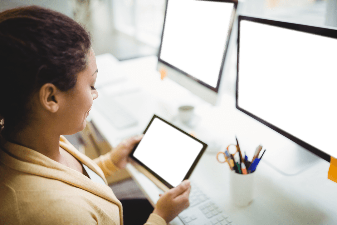 Businesswoman Using Transparent Tablet in Modern Office