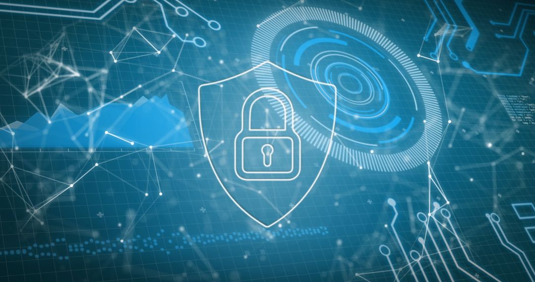 Digital Security Shield with Padlock on Blue Tech Background