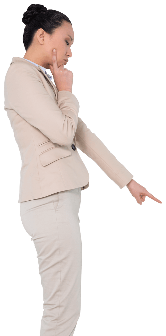 Thoughtful Asian Businesswoman Pointing on Transparent Background