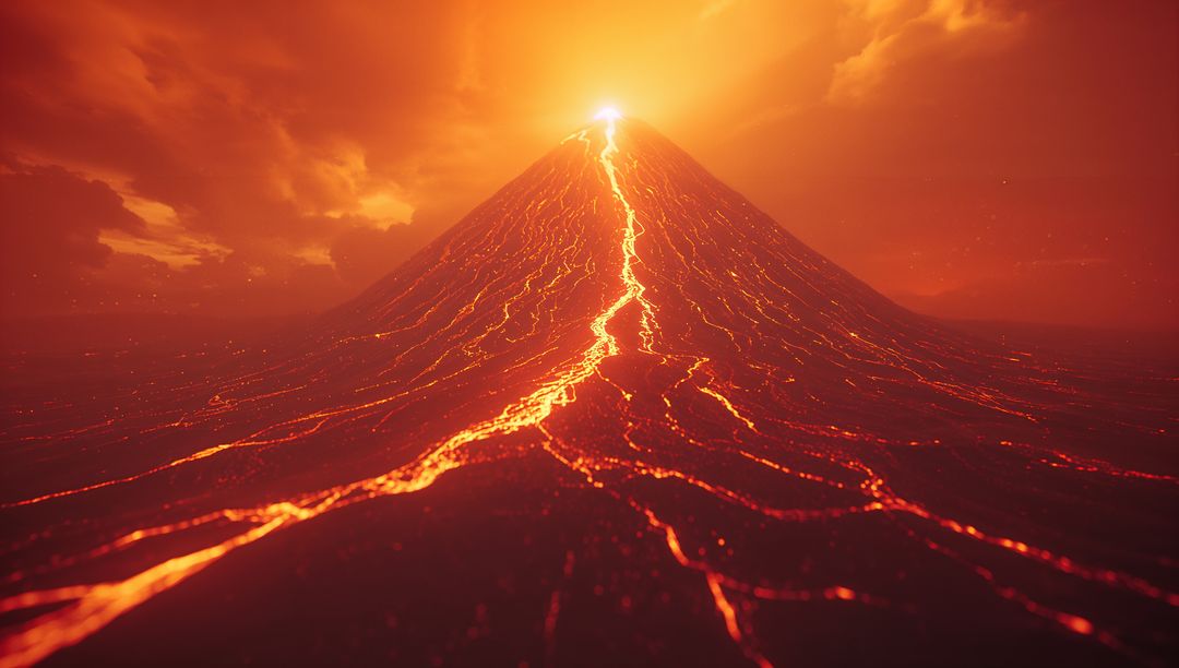 Breathtaking Lava Flow From Erupting Volcano Under Fiery Sky