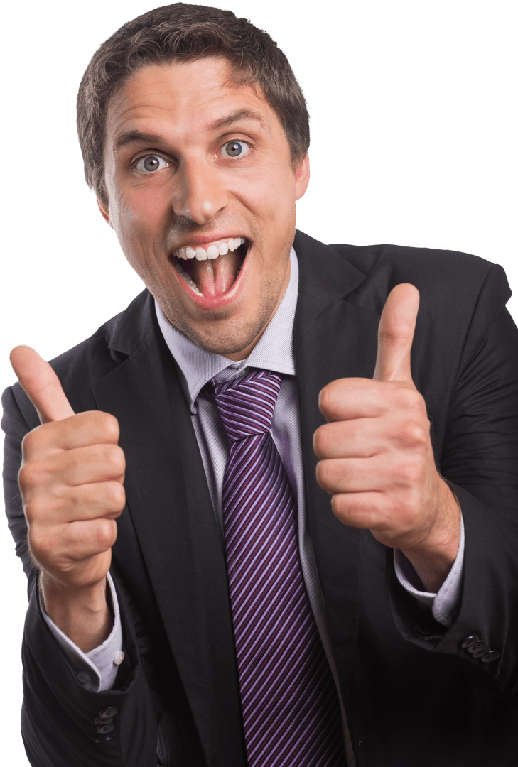 Cheerful Businessman Expressing Approval with Transparent Thumbs Up