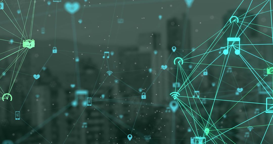 Digital Icons Network with Futuristic Cityscape Background