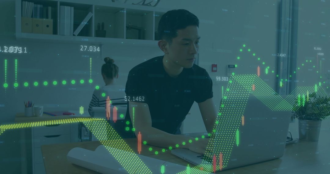 Asian Professional Analyzing Data with Digital Chart Overlay