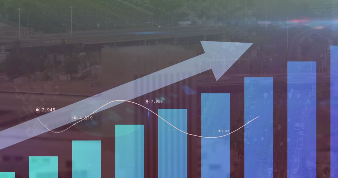 Rising Bar Graph with Cityscape Background Symbolizing Business Growth