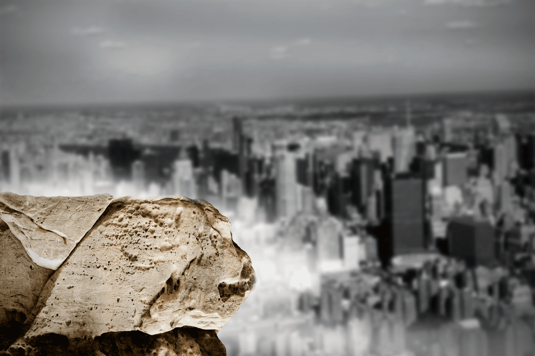 Isolated Stone with Urban Skyscraper Cityscape on Transparent Background