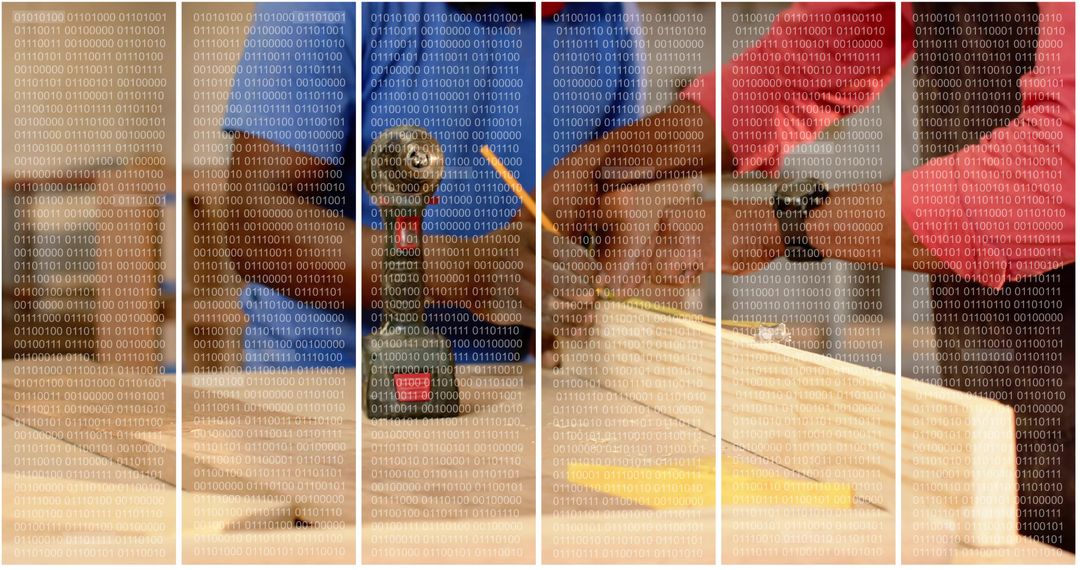 Sanding Wood with Electric Sander and Safety Gear with Binary Data Overlay Concept