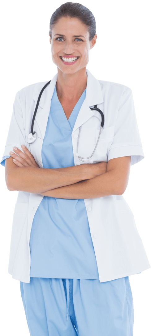 Transparent Smiling Female Doctor with Stethoscope Arms Crossed