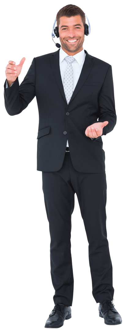 Transparent Smiling Businessman Showing Card with Headset