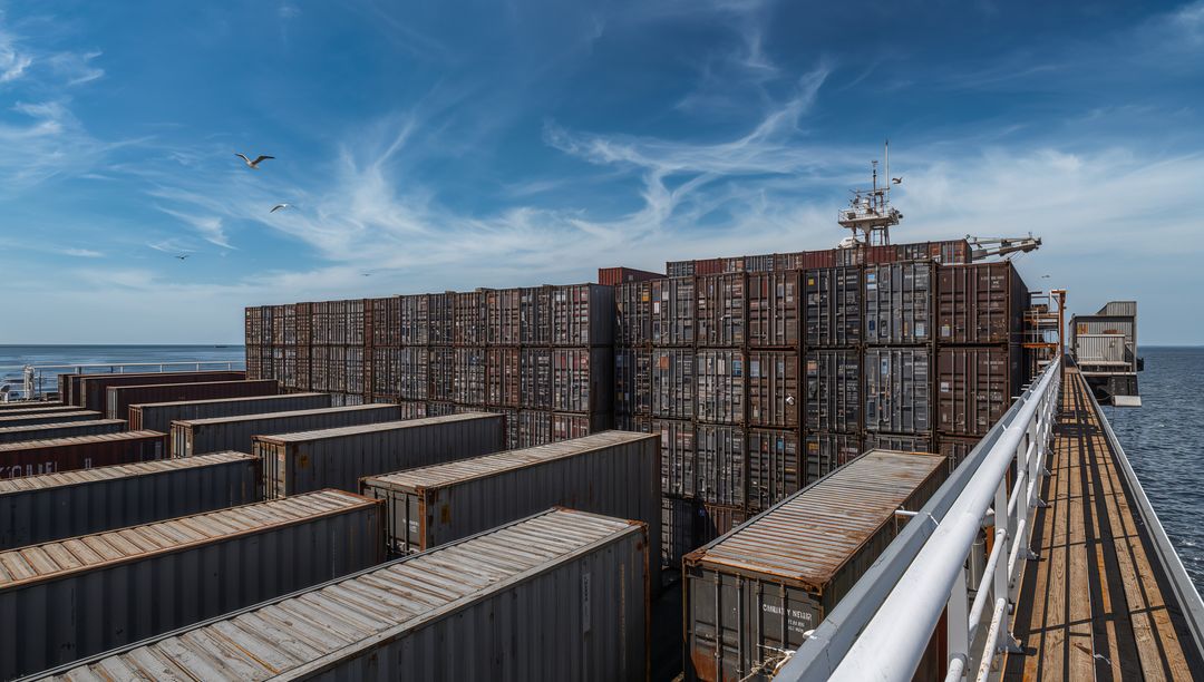Weathered Shipping Containers Stacked on Vessel Deck with Wooden Walkway and Seagulls