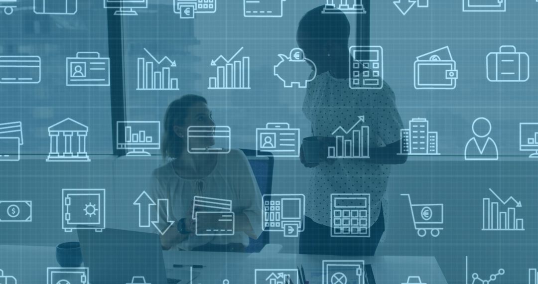 Two Colleagues Discussing in Modern Office with Data Icon Overlay