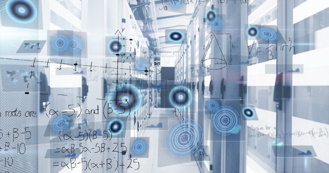 Futuristic Data Center with Mathematical Graphics Overlay