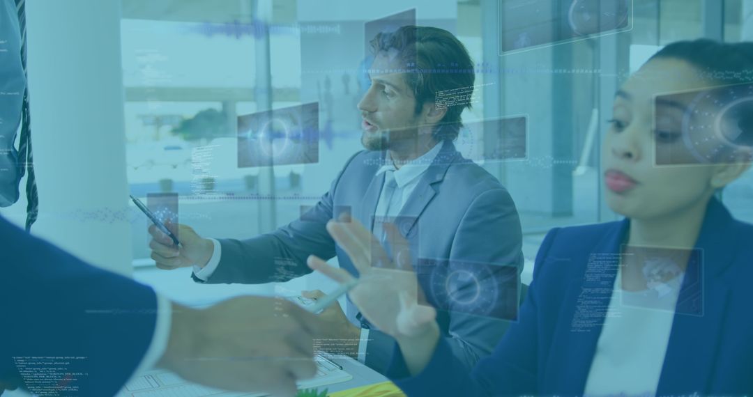 Diverse Professionals Engaging with Virtual Data during Meeting