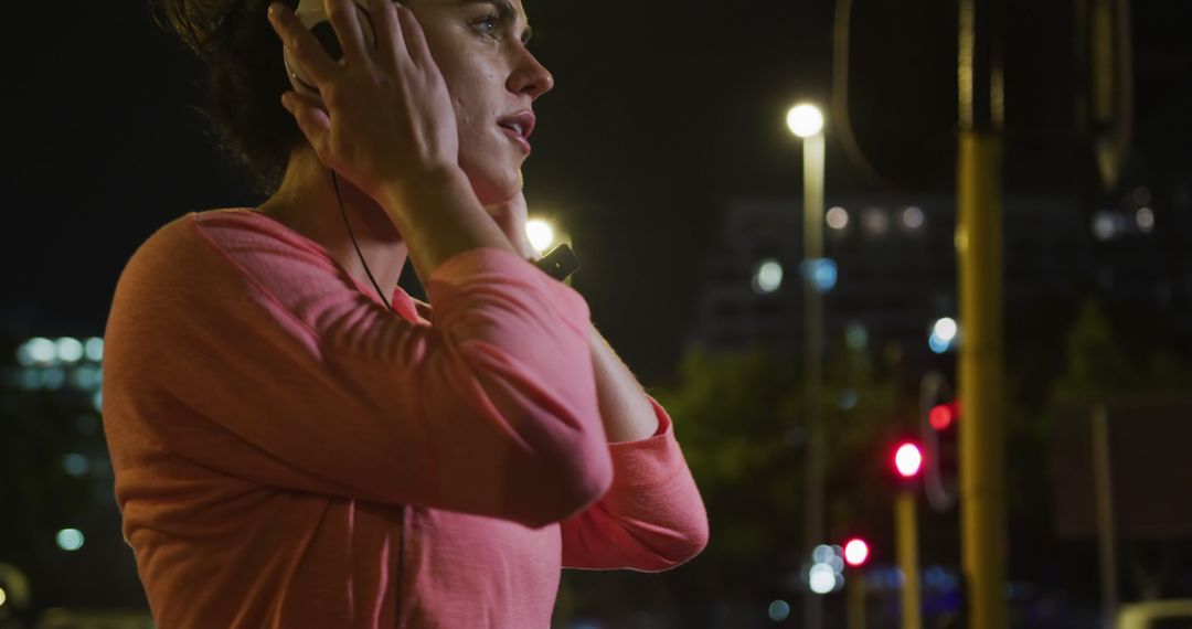 Woman Runner Adjusting Headphones During Night Run in Urban Area - Free Images, Stock Photos and Pictures on Pikwizard.com