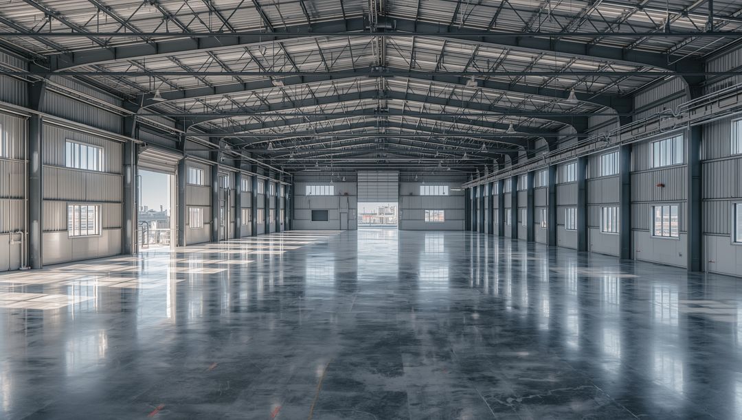 Spacious Industrial Warehouse Interior with Steel Trusses