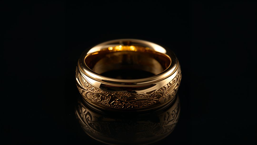 Ornate Gold Ring Engraved Filigree Shining on Black Gloss Surface with Reflective Glow