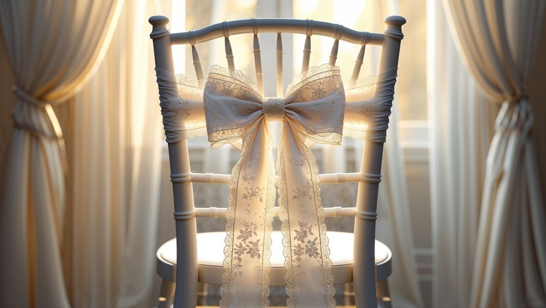 Elegant Event Chair with Ivory Lace Bow Focused on Sophistication