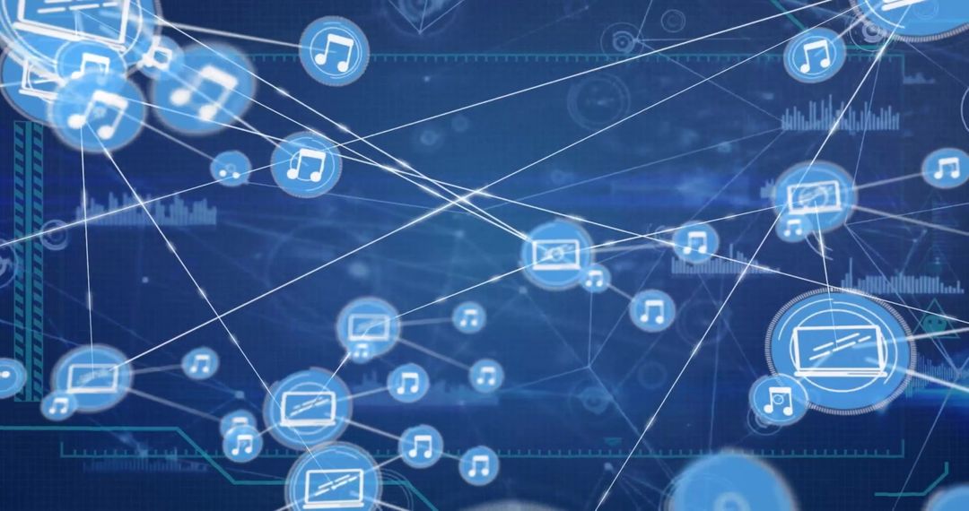 Digital Network Interface with Multimedia Icons on Blue Background