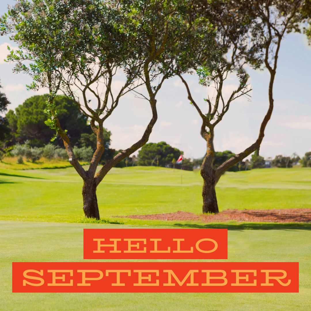 Hello September Text on Scenic Golf Course Background