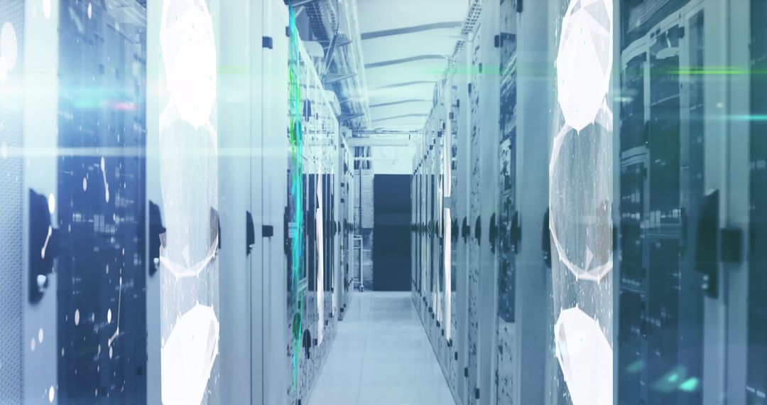Modern Data Center with Vibrant Digital Interface Overlay
