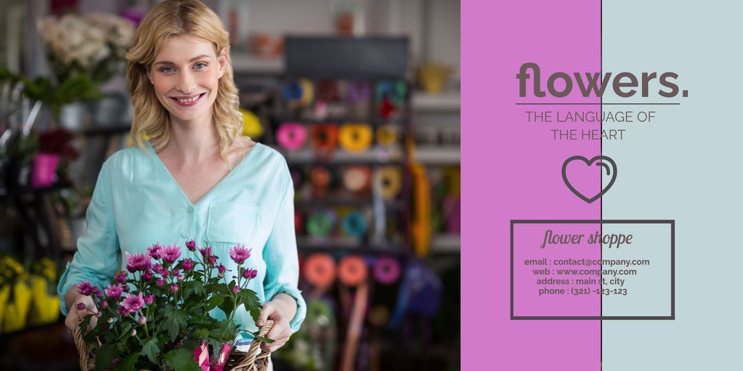 Woman Smiling with Flower Basket Promoting Gardening Event and Natural Beauty - Download Free Stock Templates Pikwizard.com