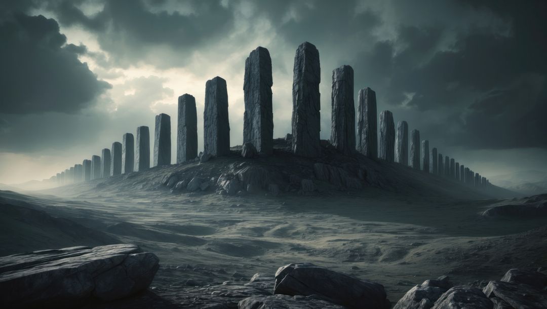 Mysterious Monolithic Pillars on Rocky Plateau at Dusk