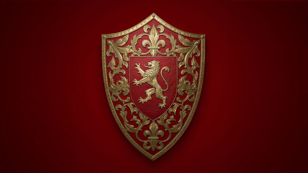 Medieval Shield with Lion Emblem on Red Background