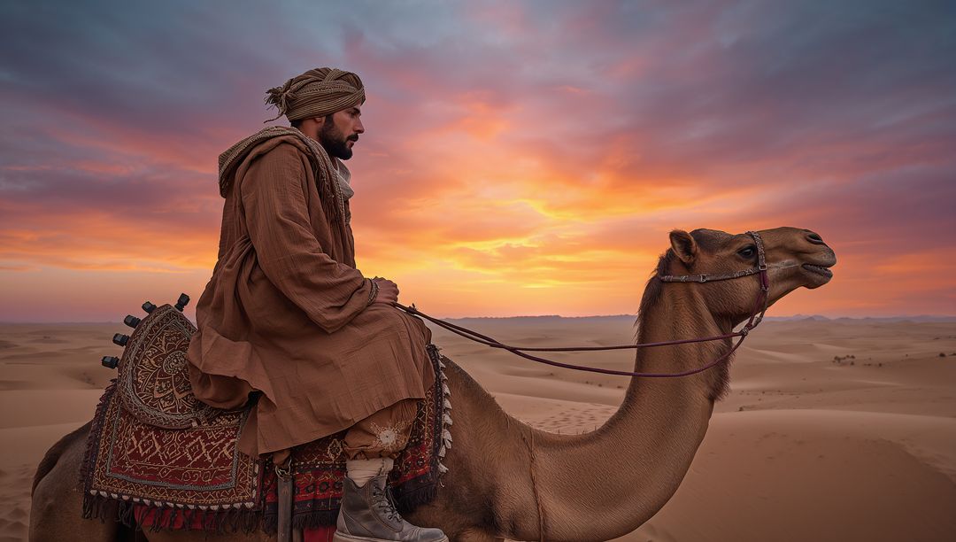 Nomadic Journey Across Desert Dunes Under Vibrant Sunset