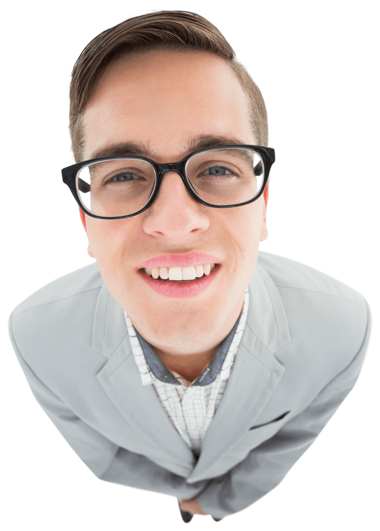 Cheerful Geeky Man Smiling Up Close with Glasses Transparent