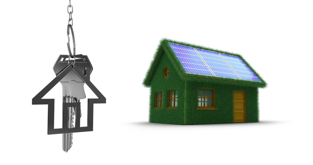 Eco-friendly house concept with solar panels and keys