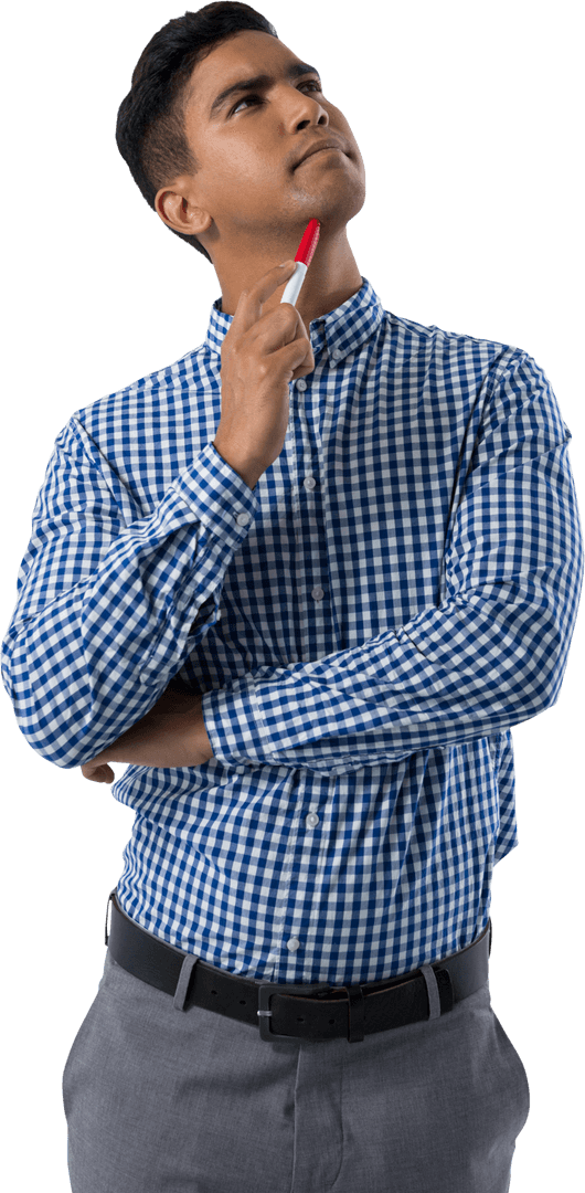 Transparent Thoughtful Man Holding Marker Contemplative Idea Brainstorm