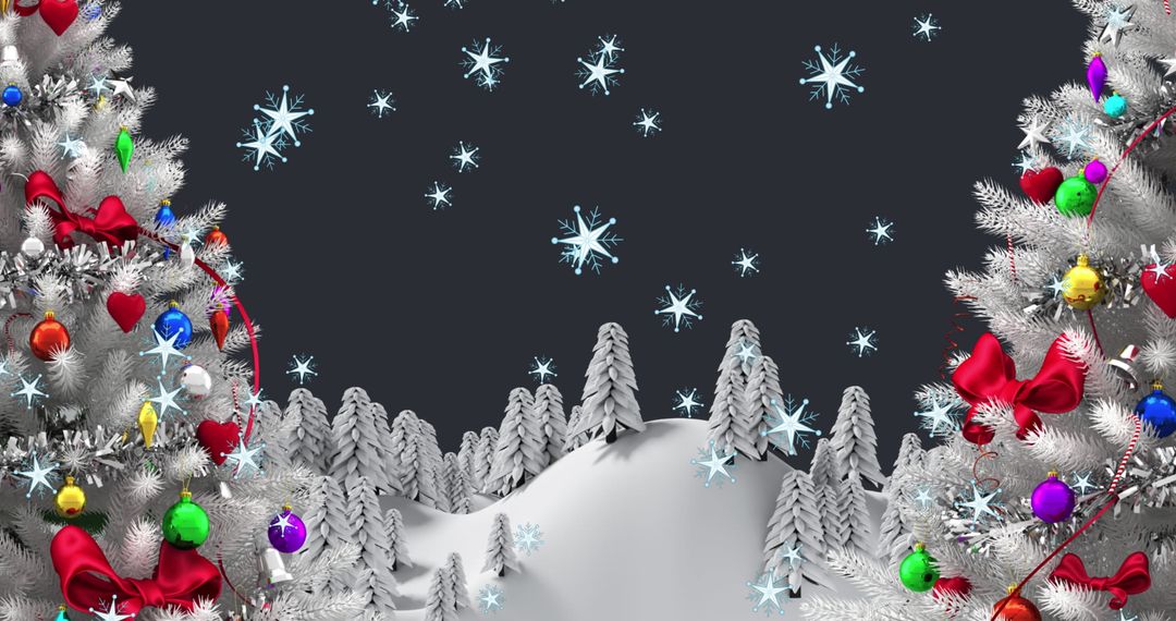 Snowflakes Falling Over Festive Christmas Trees