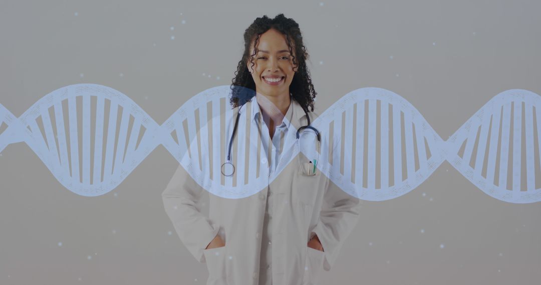 Image of dna strand moving over smiling biracial female doctor on grey background - Free Images, Stock Photos and Pictures on Pikwizard.com