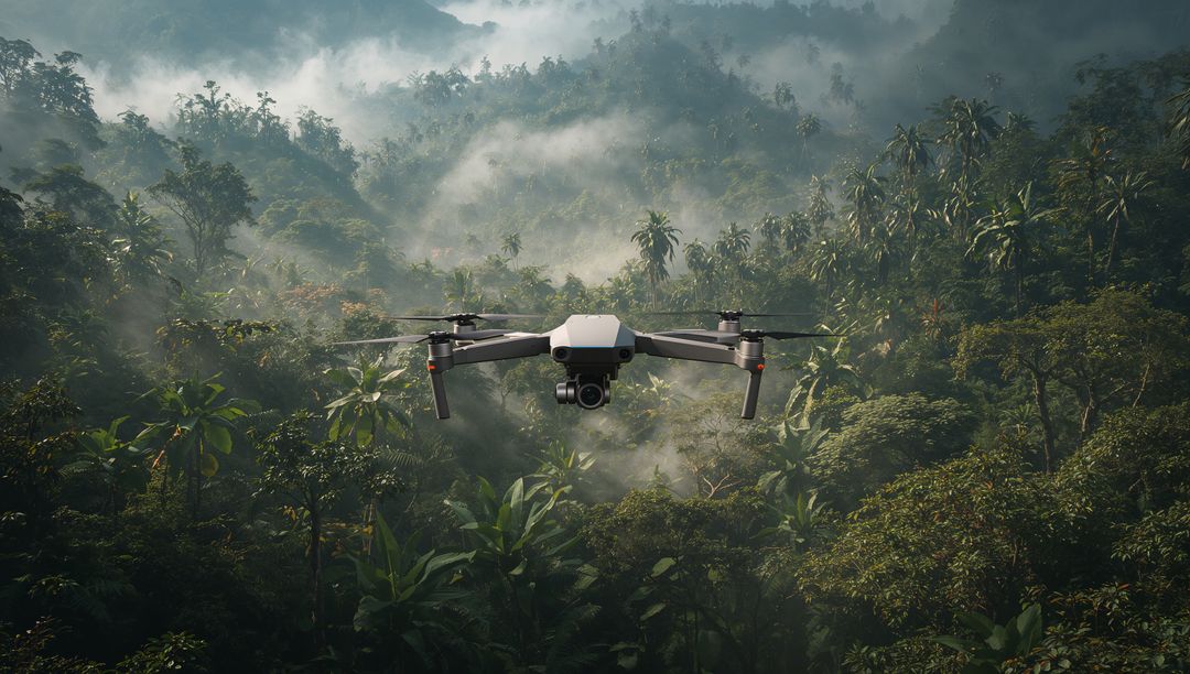 Hovering Drone Filming Misty Tropical Rainforest Canopy Over Mountain Valley Camera Gimbal
