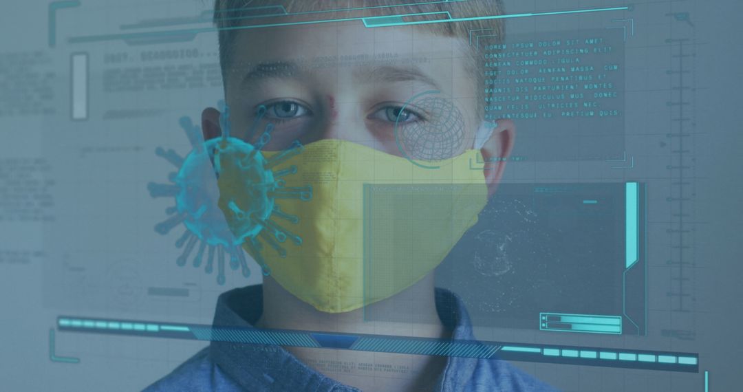 Boy in Yellow Face Mask with Futuristic Digital Virus Graphics