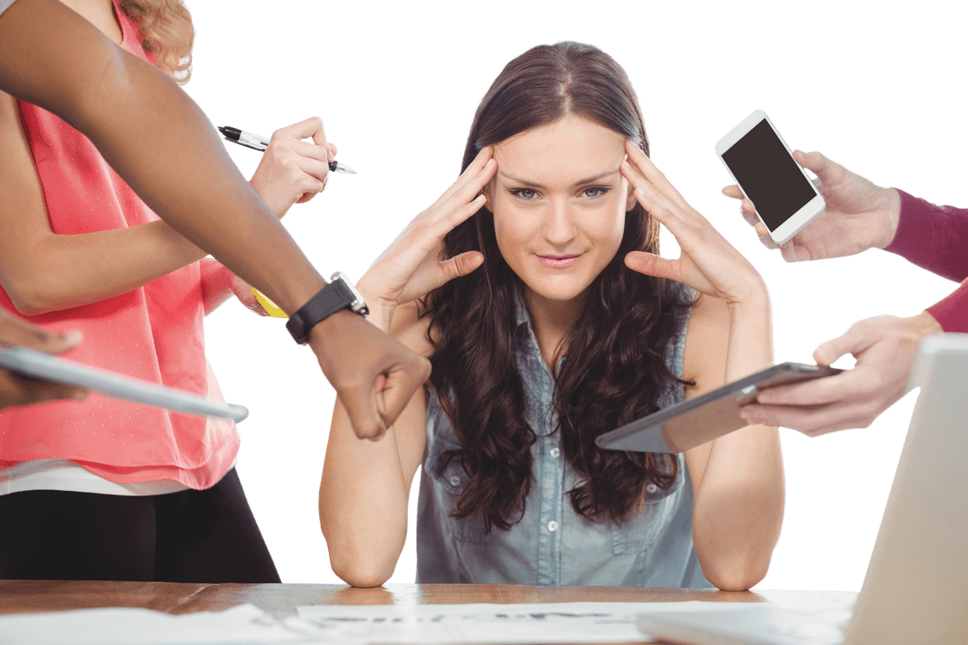 Businesswoman Overwhelmed by Workload in Transparent Office Scene