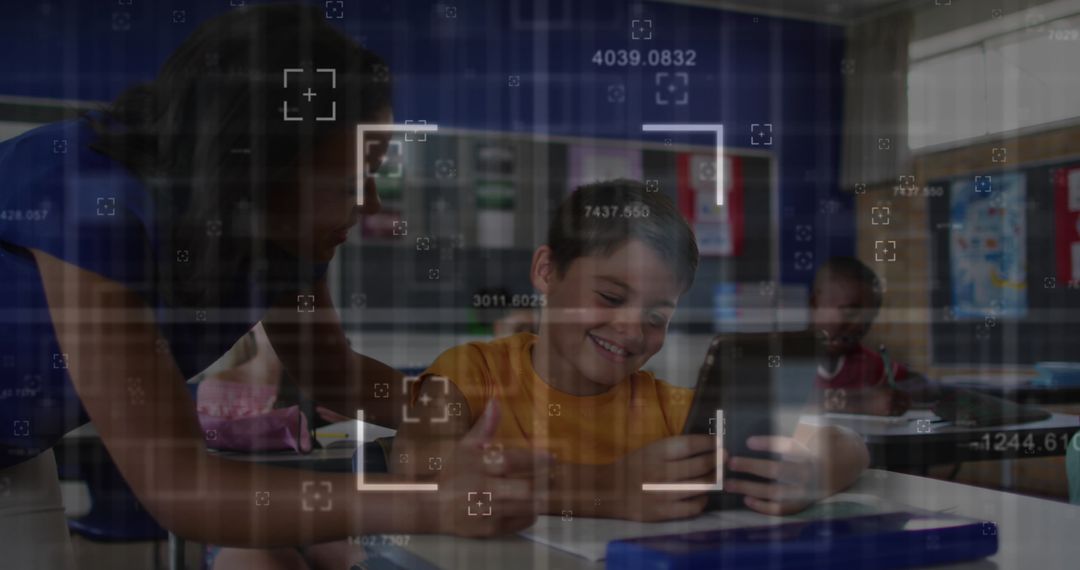 Teacher Guiding Student in Classroom Using Tablet Technology