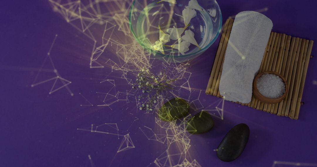 Tranquil Spa Scene with Digital Network Overlay and Copy Space