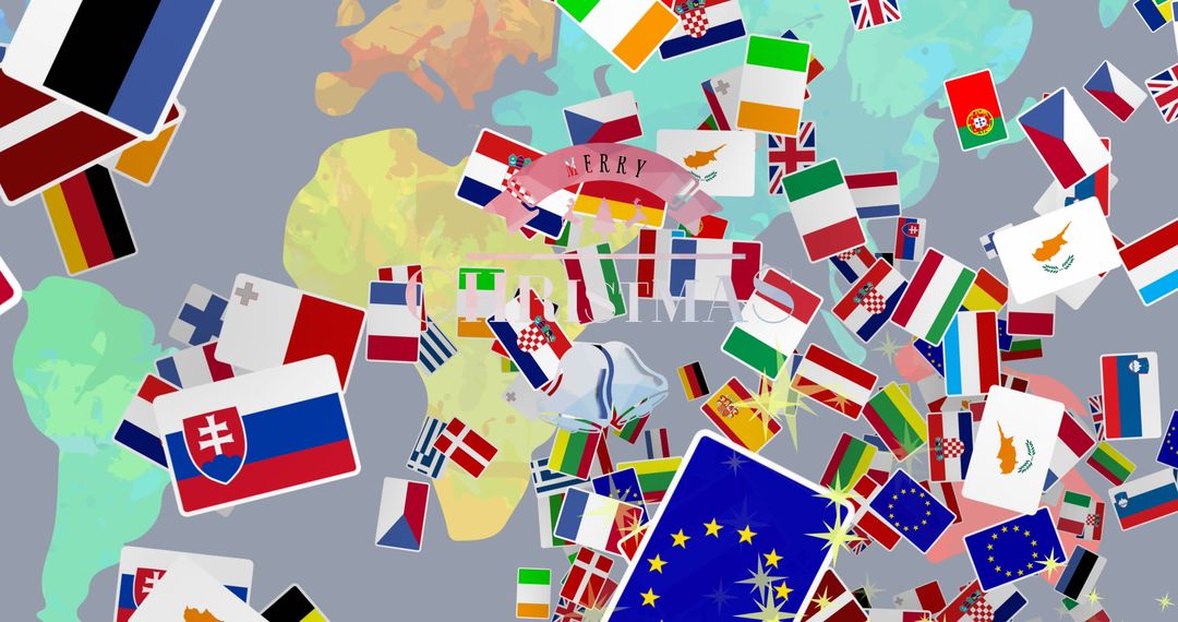 European Flags Celebration with Festive Banners and Silver Bells