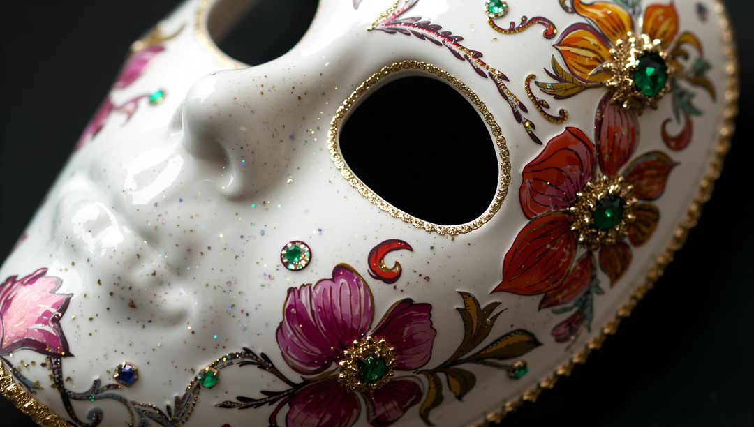 Porcelain Venetian mask resting with gilded floral paint and emerald crystal embellishments