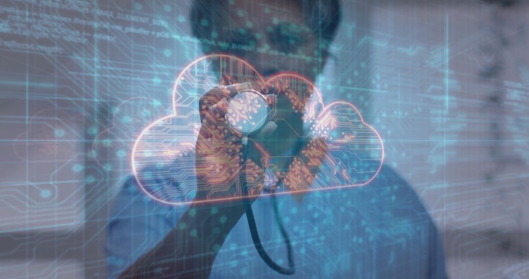 Doctor Interacts with Holographic Cloud in Futuristic Healthcare Setting