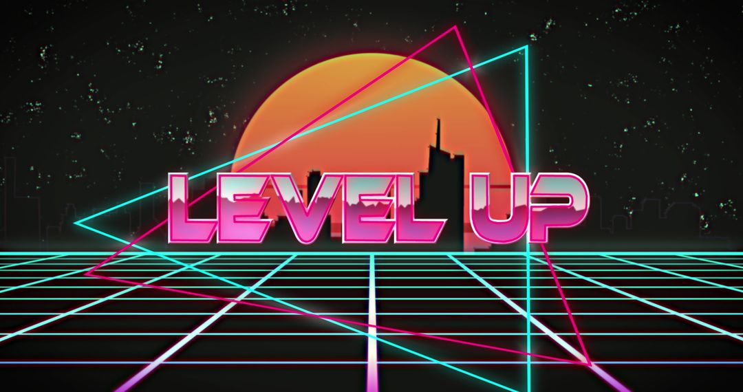 Retro Neon Level Up Design with Futuristic Elements