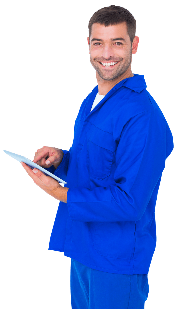 Transparent Smiling Male Mechanic with Tablet in Blue Uniform