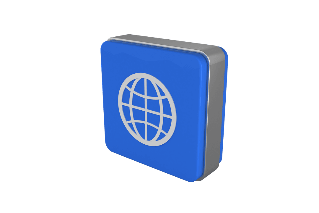 3D Blue Cube with Globe Symbol on Transparent Background