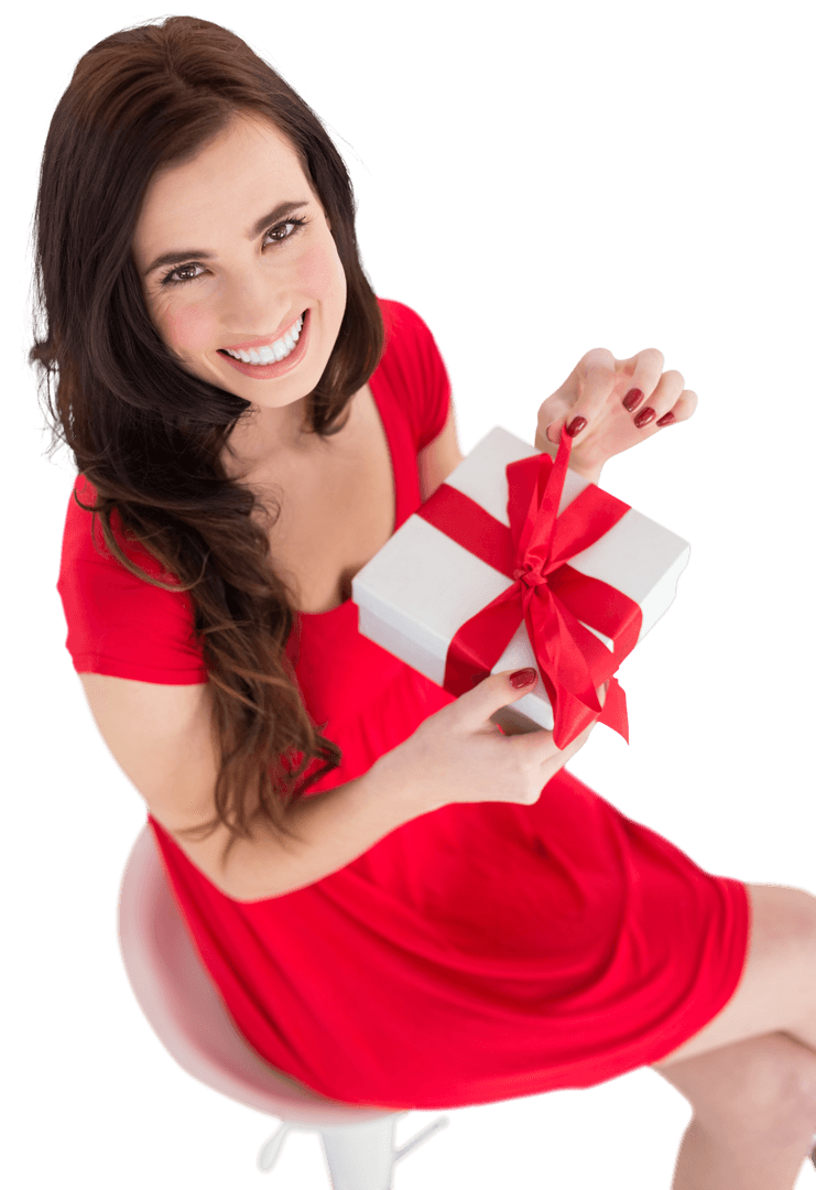 Smiling Woman in Red Dress Opening White Gift Box with Red Ribbon Transparent