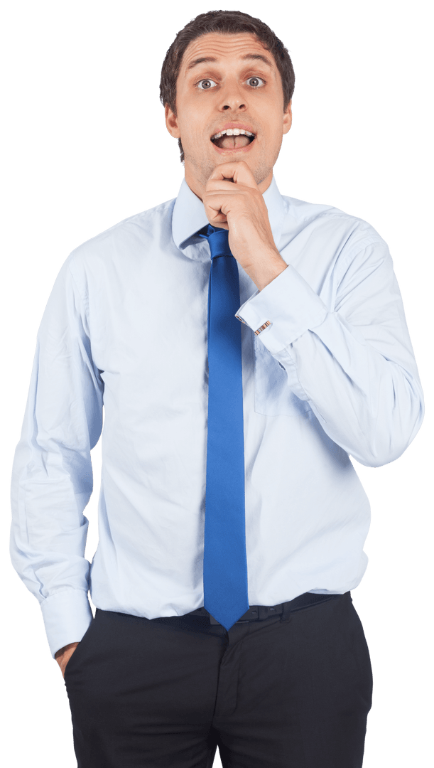 Transparent Businessman Touching Chin in Thought with Blue Tie