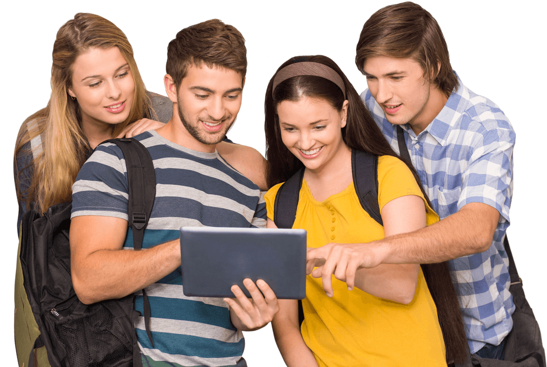 Transparent Group of Students Interacting with Digital Tablet