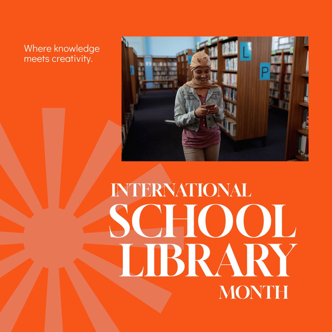 International School Library Month Celebration with Student Texting in Library