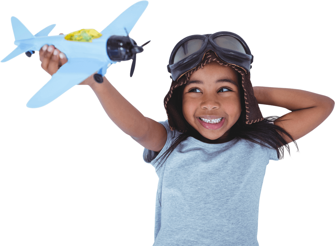 Happy Child Playing with Toy Plane in Transparent Background